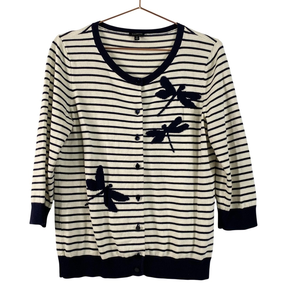 Talbots Sweater Womens Medium Navy Striped Dragonfly Button‎ V Neck Cardigan